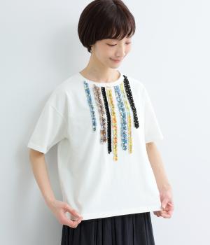 柄フリルギャザー半袖プルオーバー