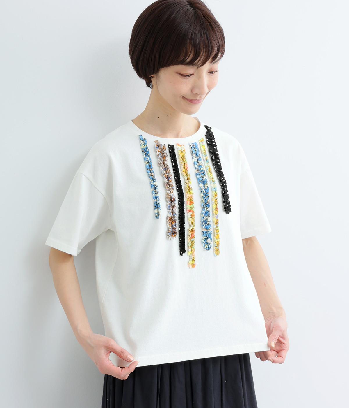 柄フリルギャザー半袖プルオーバー(オフ-F)