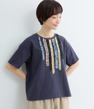 柄フリルギャザー半袖プルオーバー(ネイビー-F)