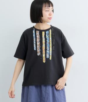 柄フリルギャザー半袖プルオーバー(クロ-F)