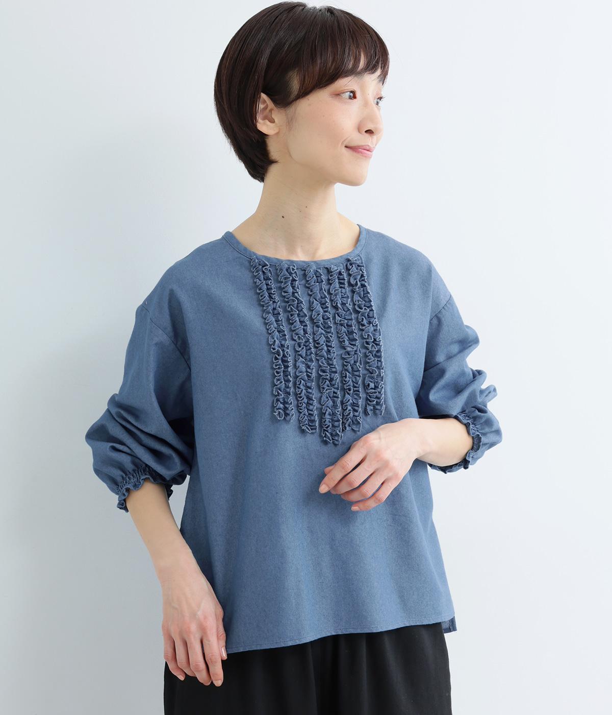 フリルギャザーブラウス(ＩＮＤＩＧＯ　ブルー-F)