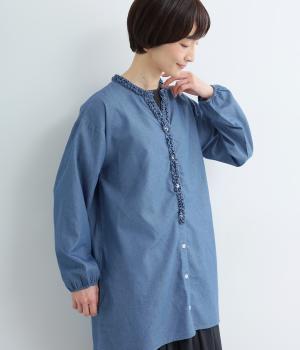 フリルギャザースキッパーチュニック(ＩＮＤＩＧＯ　ブルー-F)