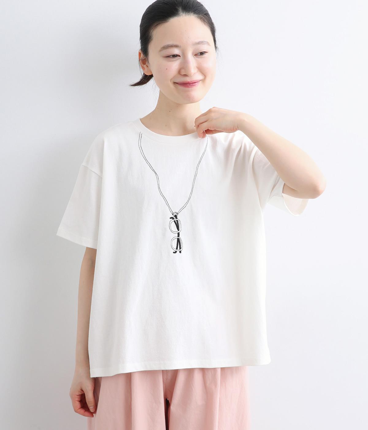 コットン天竺　メガネプリントTシャツ(オフホワイト-F)