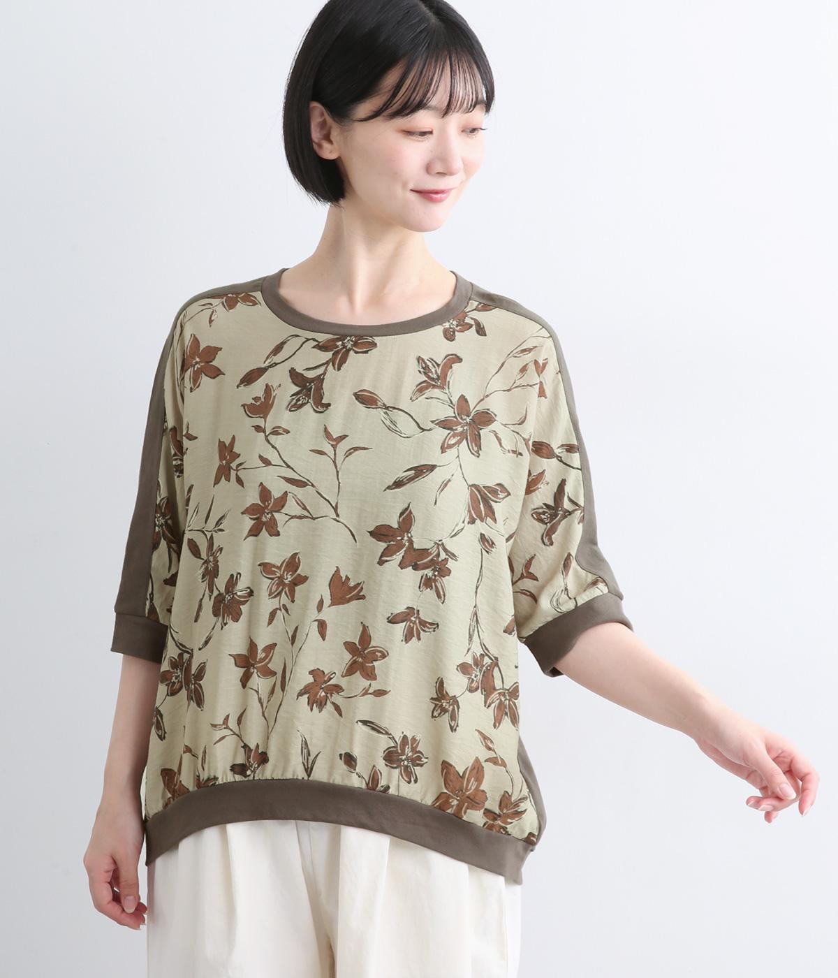 花柄切替ドルマンプルオーバー(ブラウン×チャコール-F)