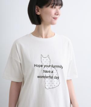 ドットねこプリントTシャツ(オフホワイト-F)