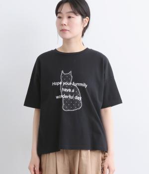ドットねこプリントTシャツ(ブラック-F)