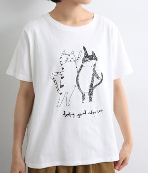 コットン天竺　ハイタッチネコプリントTEE(オフ-F)