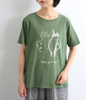 コットン天竺　ハイタッチネコプリントTEE(グリーン-F)