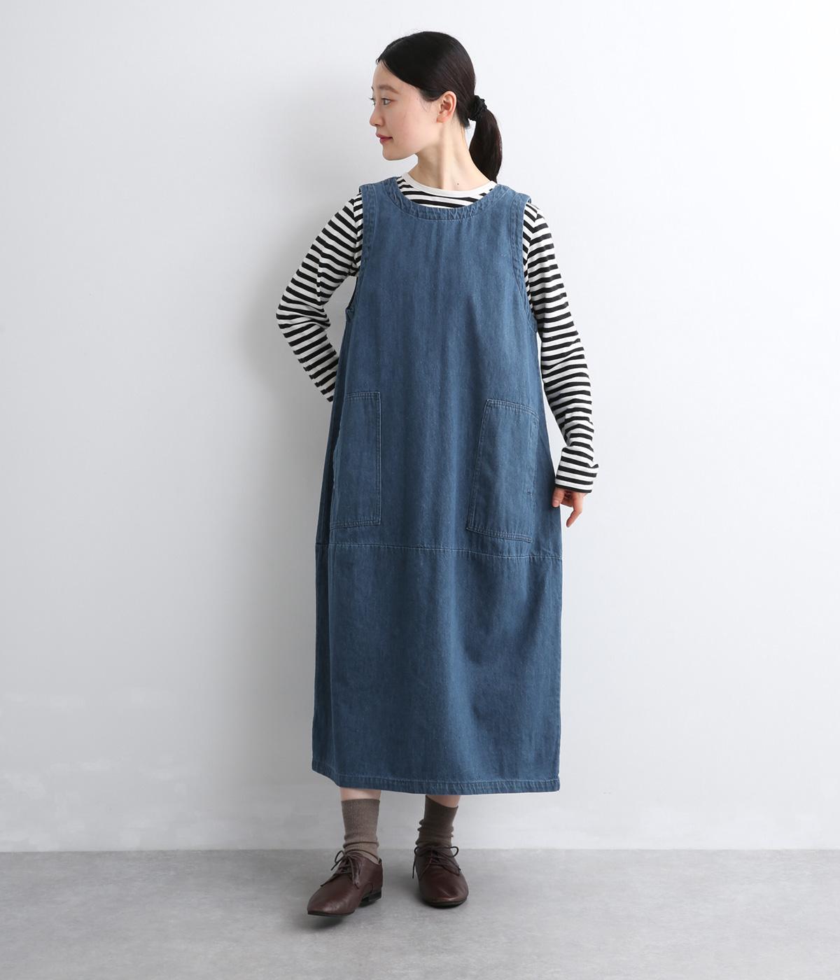コットンDENIMポケ付コクーンワンピース(ＩＮＤＩＧＯ　ブルー-F)