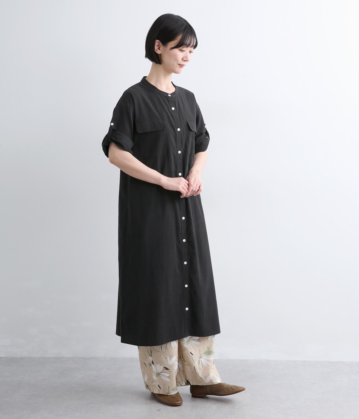 コットン　胸ポケット前開きワンピ―ス(ブラック-F)