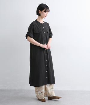 コットン　胸ポケット前開きワンピ―ス(ブラック-F)