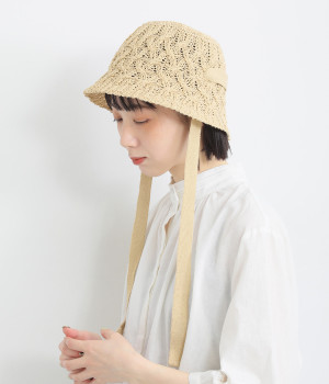 紐付き 編み込みハット(アイボリー-ONESIZE)