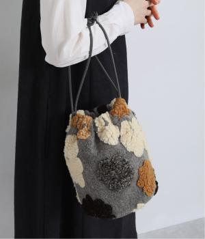 立体フラワーモチーフ巾着ショルダー（B柄グレー・F）