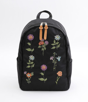 ｢glanta｣ボタニカルアート刺繍ラウンドリュック(ブラック-ONESIZE)