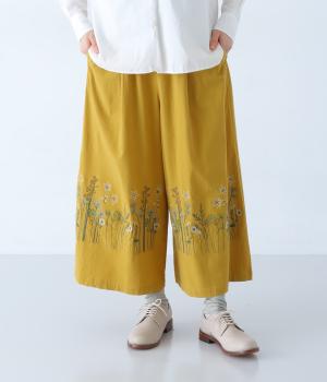 セルロースコットンストレッチステムペダルスケッチ刺繍パンツ(イエロー-F)