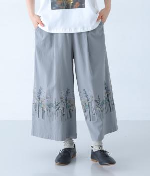 セルロースコットンストレッチステムペダルスケッチ刺繍パンツ(ブルー-F)