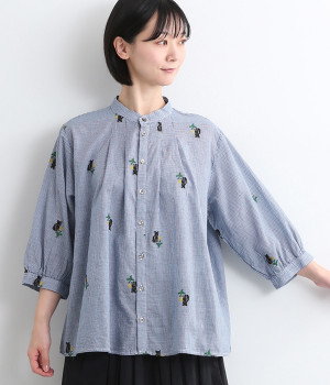 SUPER HAKKA×庄島歩夢コットンギンガム/グレンチェック｢Tinies｣カットジャカードバンドカラーブラウス(ネイビー-ONESIZE)