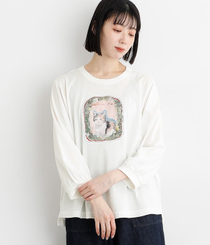 SUPER HAKKA×庄島歩夢30番手天竺｢Cats portrait｣プリント+ハンドステッチ刺繍ロングスリーブカットソー(オフホワイト-ONESIZE)