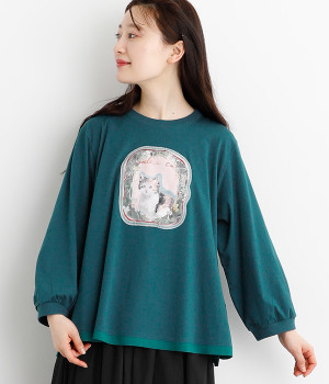 SUPER HAKKA×庄島歩夢30番手天竺｢Cats portrait｣プリント+ハンドステッチ刺繍ロングスリーブカットソー(ブルー-ONESIZE)