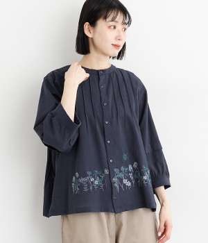 60/2天竺×ボイルコットンシフォンスプリングフラワー刺繍製品染めブラウスカーディガン(ネイビー-ONESIZE)