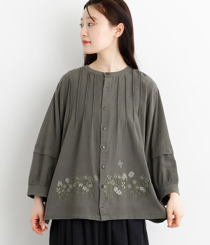 60/2天竺×ボイルコットンシフォンスプリングフラワー刺繍製品染めブラウスカーディガン(チャコール-ONESIZE)