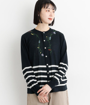 ハイツイストコットン ワイルドフラワーライン刺繍ニットカーディガン(ネイビー-ONESIZE)