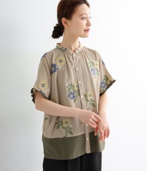 ツインフラワージャカード+コットンローンブラウス(ベージュ-ONESIZE)