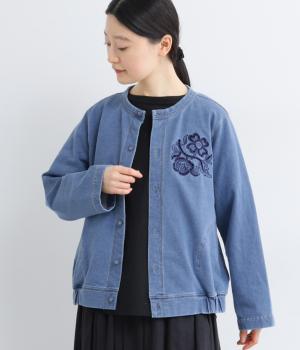 コットンストレッチインレイデニムフラワーボーラー刺繍カーディガン