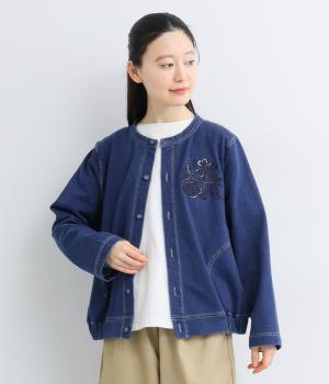 コットンストレッチインレイデニムフラワーボーラー刺繍カーディガン(ネイビー-F)