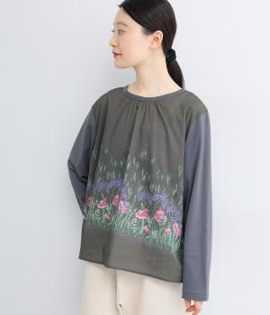 ソフト天竺+コットンローンフローラルメドウプリントプルオーバー(チャコール-F)