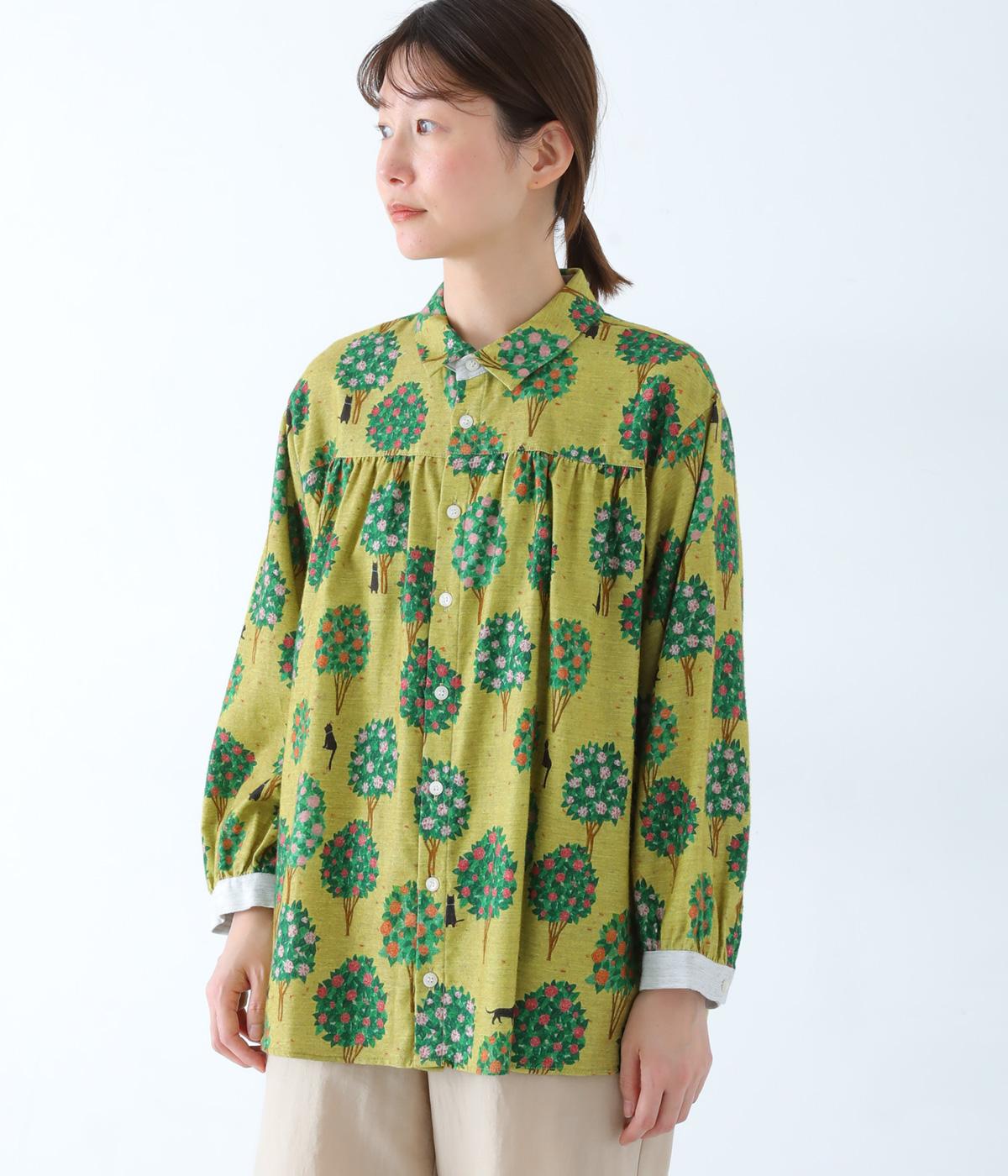 ＜アーティストコラボ　マツモトヨーコ＞コットン先染めシャンブレー「冬から春へ」「春の野にて」プリントブラウス(マスタード-F)