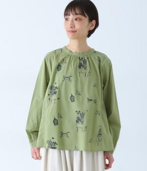＜アーティストコラボ　マツモトヨーコ＞コットンスラブ「大切にしていること」単色刺繍ブラウス(グリーン-F)