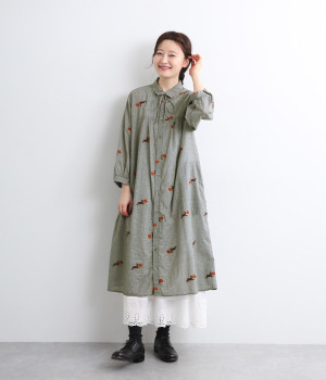 SUPER HAKKA×庄島歩夢コットンギンガム/グレンチェック｢Tinies｣カットジャカードリボンタイワンピース(ブラック-ONESIZE)