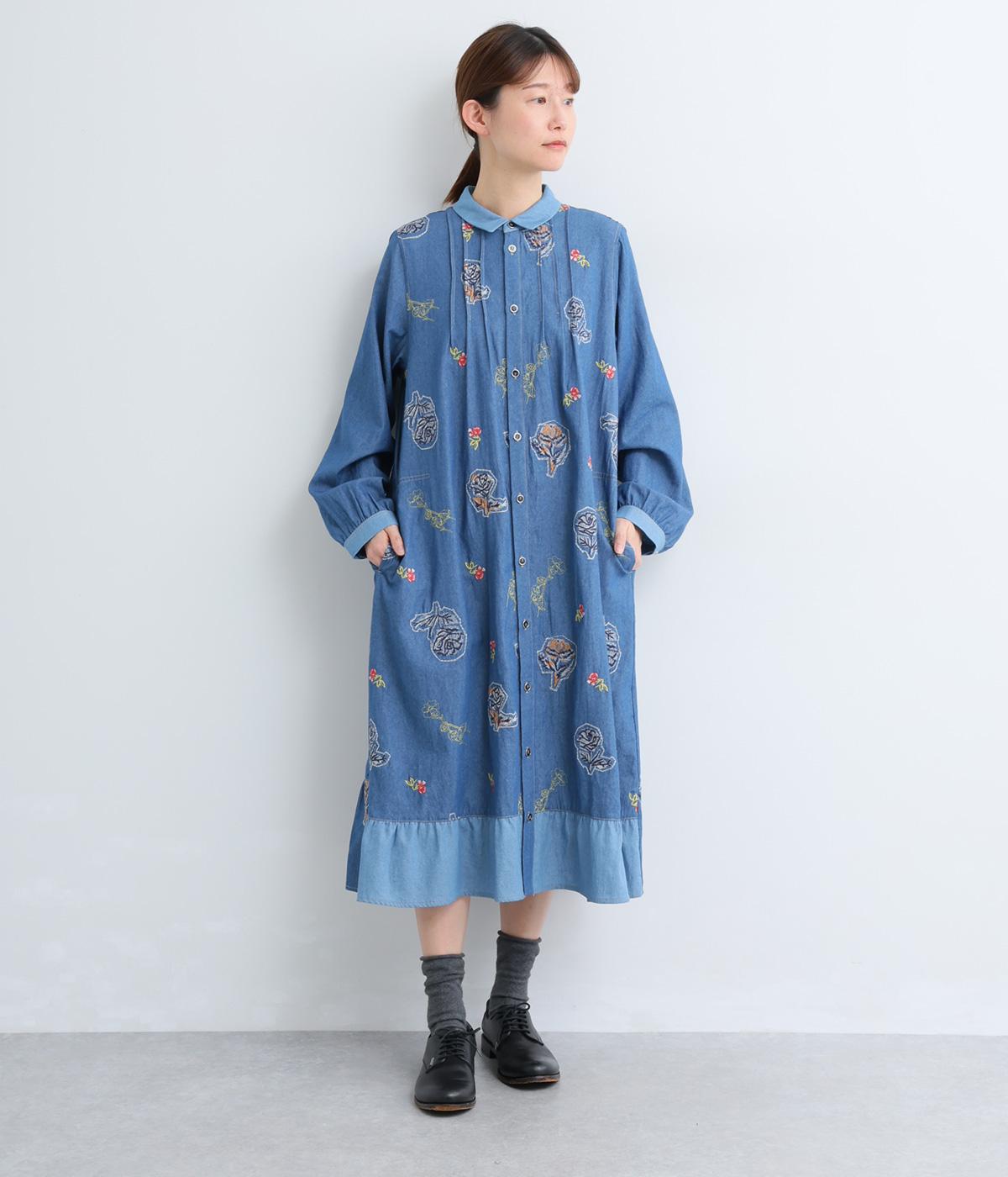 ライトオンスデニムローズスケッチ刺繍ワンピース(ブルー-F)