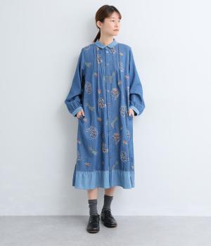 ライトオンスデニムローズスケッチ刺繍ワンピース(ブルー-F)