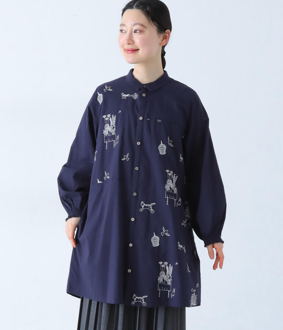 ＜アーティストコラボ　マツモトヨーコ＞コットンスラブ「大切にしていること」単色刺繍ワンピース(ネイビー-F)