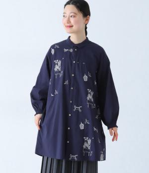 ＜アーティストコラボ　マツモトヨーコ＞コットンスラブ「大切にしていること」単色刺繍ワンピース(ネイビー-F)