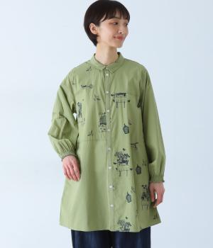 ＜アーティストコラボ　マツモトヨーコ＞コットンスラブ「大切にしていること」単色刺繍ワンピース(グリーン-F)