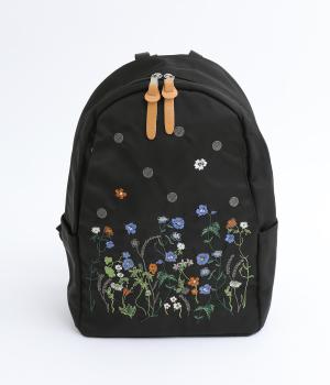 ｢glanta｣フラワー&ドット刺繍ラウンドリュック(ブラック-ONESIZE)