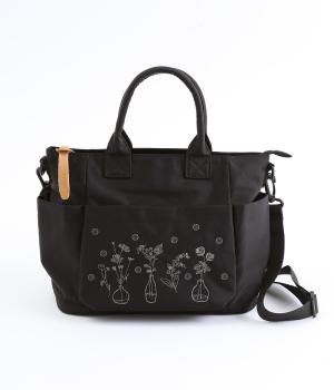 ｢glanta｣ドットと花瓶刺繍スクエアトートショルダーバッグ(ブラック-ONESIZE)