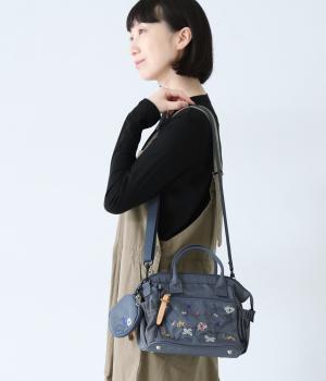 ｢glanta｣フラワーバンケット刺繍ミニボストンショルダーバッグ ポーチ付き(ブルー-ONESIZE)