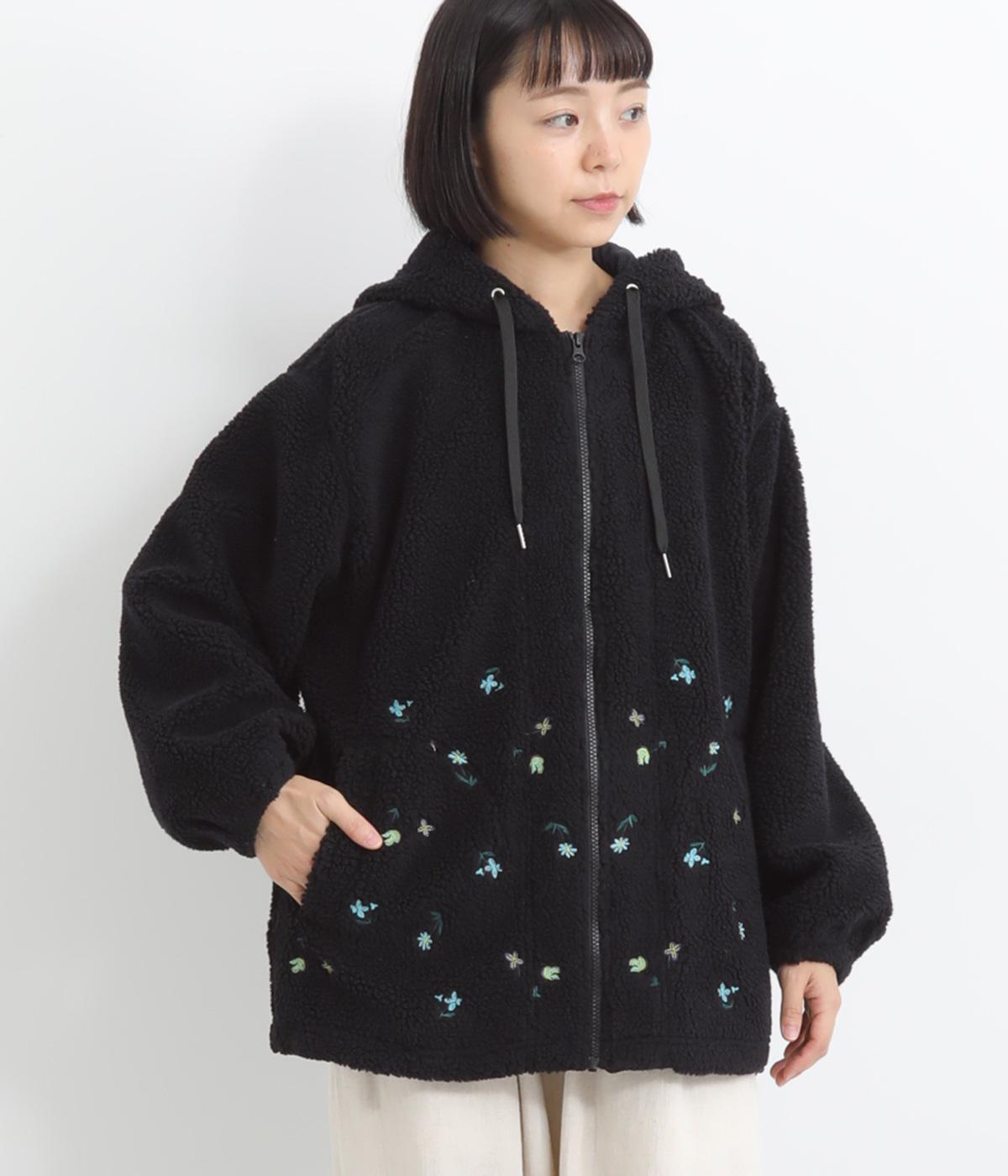 レトロフラワー刺繍ボアフーディブルゾン(裏地付き)(ネイビー-F)