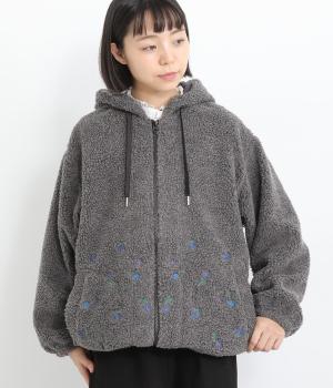 レトロフラワー刺繍ボアフーディブルゾン(裏地付き)(チャコール-F)