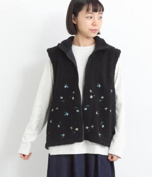 レトロフラワー刺繍ボアベスト(裏地付き)(ネイビー-F)