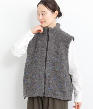 レトロフラワー刺繍ボアベスト(裏地付き)(チャコール-F)