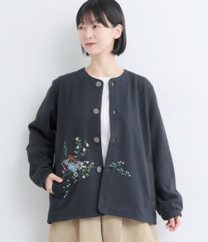 裏起毛裏毛ブルームフレア刺繍ブルゾンカーディガン(ネイビー-F)