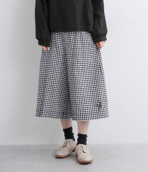 フラワーワンポイント刺繍 コットンブロークンドビーチェックガウチョパンツ