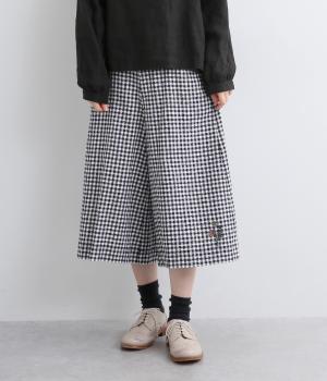 フラワーワンポイント刺繍 コットンブロークンドビーチェックガウチョパンツ(ホワイト-M)