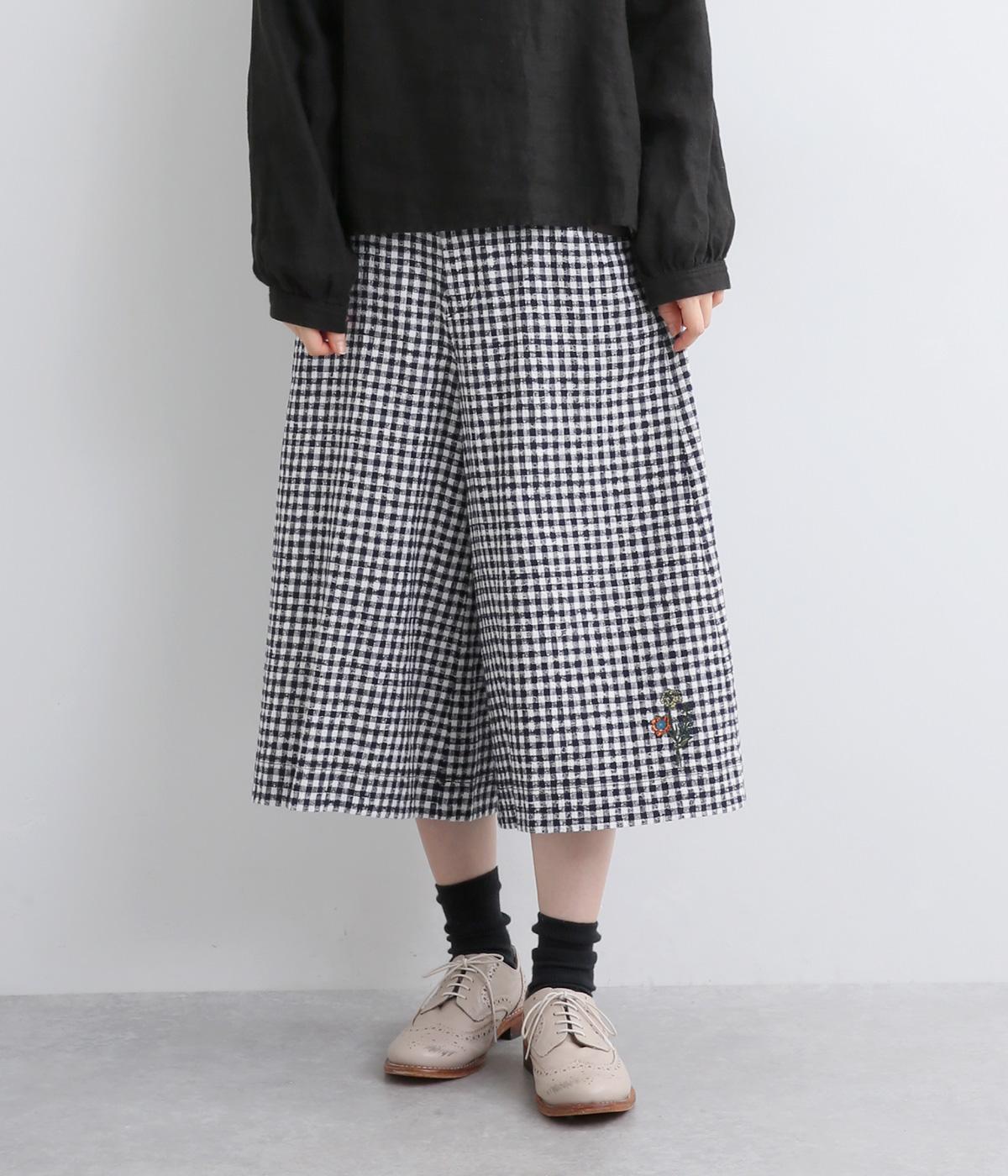 フラワーワンポイント刺繍 コットンブロークンドビーチェックガウチョパンツ(ホワイト-S)