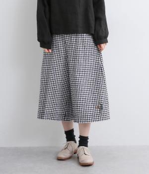 フラワーワンポイント刺繍 コットンブロークンドビーチェックガウチョパンツ(ホワイト-S)